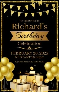 Black Joyful Happy Birthday Invitation Half Page Wide ความกว้างแบบครึ่งหน้า template