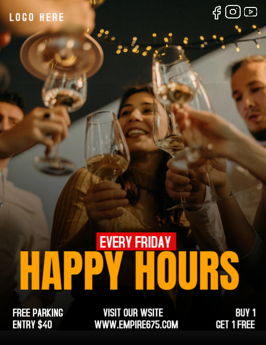 Black Joyful Happy Hour Event Flyer Template | PosterMyWall