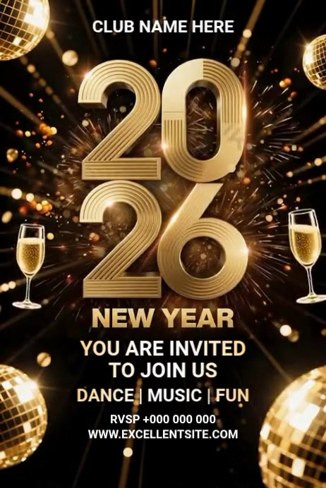 Black Joyful Happy New Year 2026 Party Poster Template | PosterMyWall