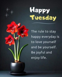 Black Joyful Happy Tuesday Motivation | Positive Quote With Red Flowers | Be Yourself And Enjoy Life Instagram Portrait template