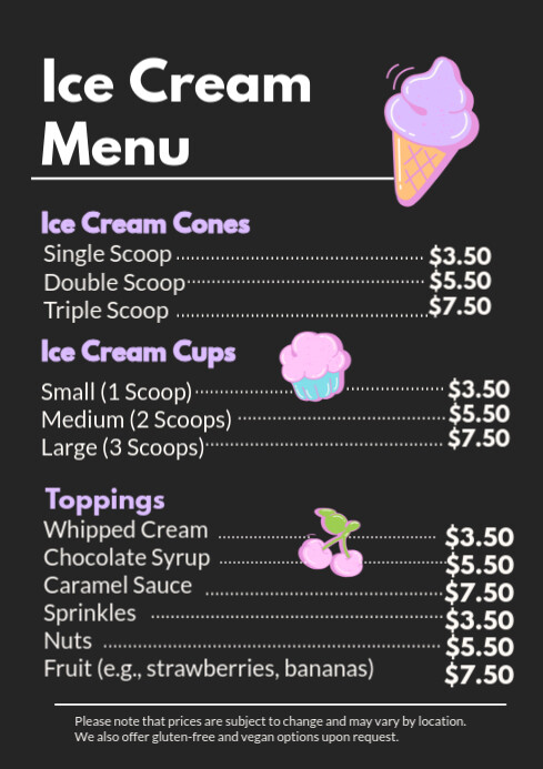 Black Joyful Lavender And Black Geometric Playful Lines Ice Cream Menu A4 template