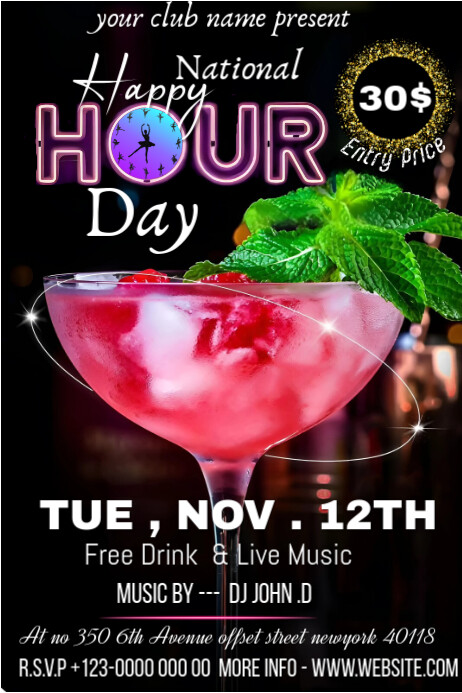 Black Joyful National Happy Hour Day Poster template