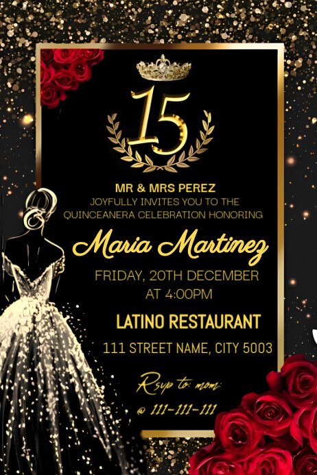 Black Joyful Quinceanera Invite  Poster Plakkaat template