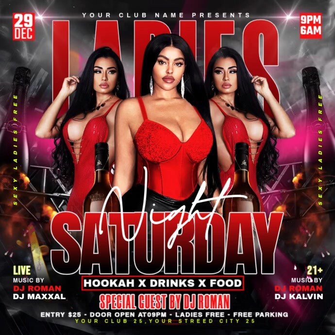 Black Joyful Saturday Ladies Night Party Flyer Square (1:1) template