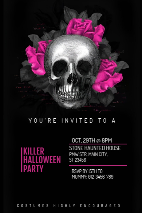 Black Killer Halloween Party Invite | Editable Gothic Skull Flyer ...