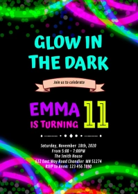 Black light Glow Birthday Invitation A6 template