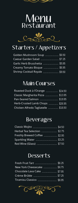 Black List-based Elegant Classical Restaurant Menu Half Page Letter Isigamu Sekhasi Lencwadi template