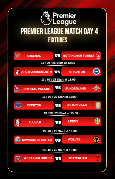 Fixture Poster Black List-based Football Match Day Fixtures Half Page Wide Template ...