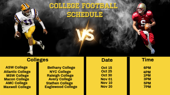 Black List-based Football Team Schedule Template Digital Display (16:9)