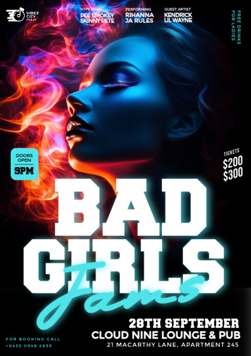 Black Maximalist 3d Bad Girls Freaks Night Club Party Event Flyer A4 template
