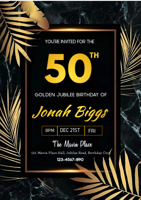 Black Maximalist 50th Birthday Celebration Invitation  A4 template