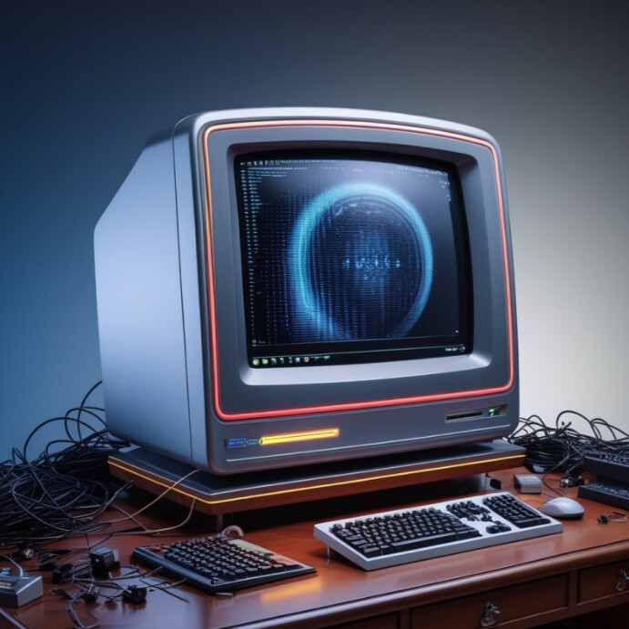 Black Maximalist A Retro-style Pc With Neon Accents Sits On A Wooden ...