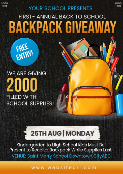 Backpack Giveaway Black Maximalist Backpack Giveaway A5, school Template | PosterMyWall