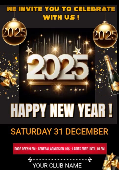 Black Maximalist Black And Gold New Year Party Flyer Template A4 ...