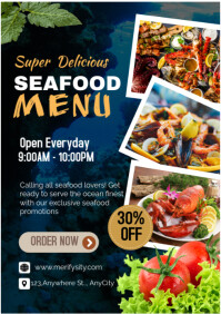 Black Maximalist Blue, Yellow And Black Seafood Menu Poster  A4 template