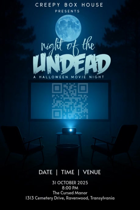 Black Maximalist Blue Gradient Scary Halloween Movie Night Special Social Flyer  Poster Cartaz template