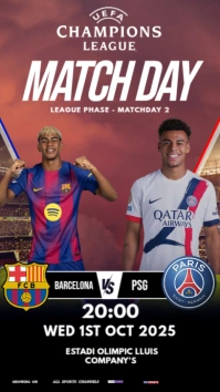 Black Maximalist Champions League Match Barcelona Vs Psg  Instagram Story template