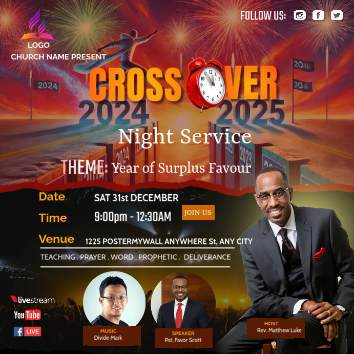 Black Maximalist Cross Over Night Service Flyer Square (1:1) Template ...
