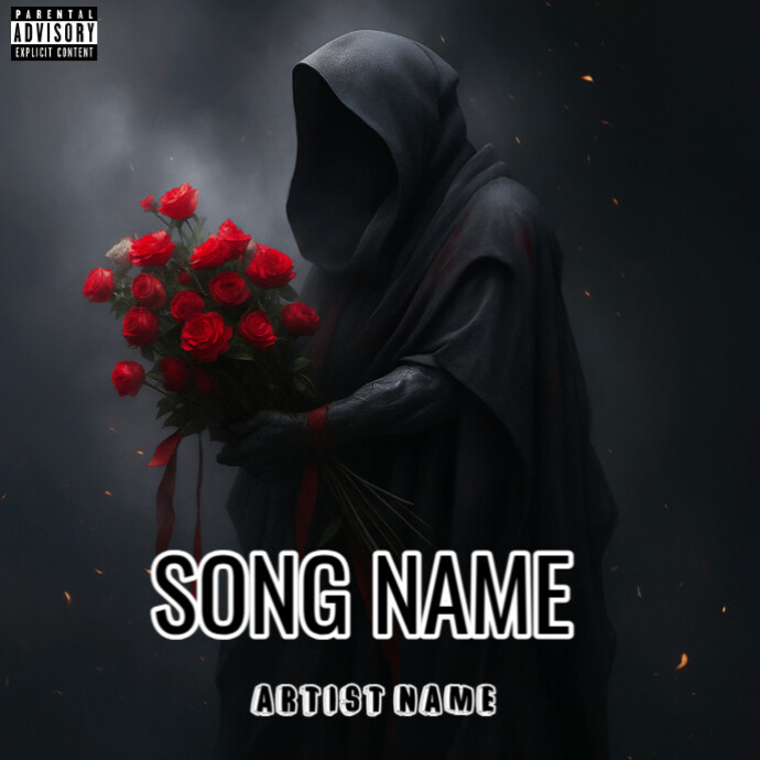 Black Maximalist Dark Grim Reaper Art With Red Roses | Gothic Fantasy Artwork Album Cover template