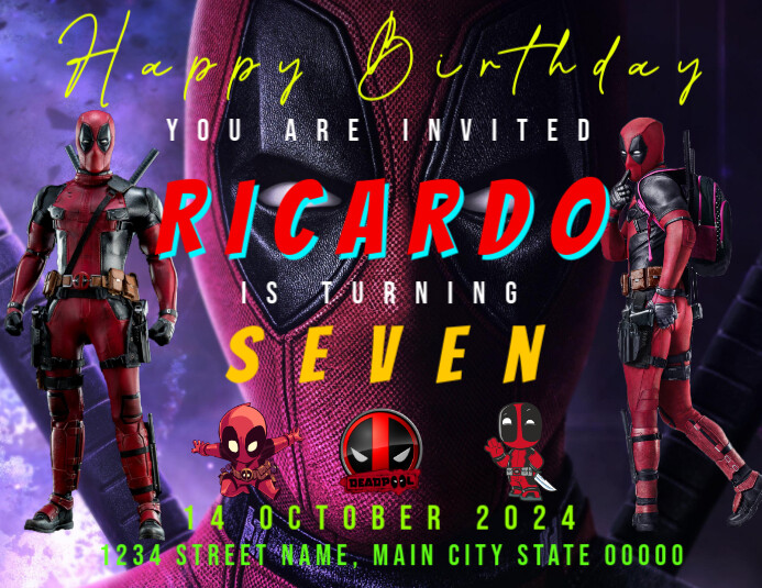 Plantilla de Black Maximalist Deadpool Birthday Flyer (us Letter ...