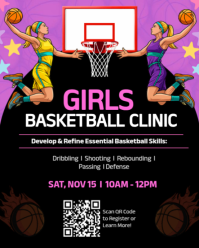 Black Maximalist Editable Girls Basketball Clinic Flyer Template With Skills Instagram Portrait