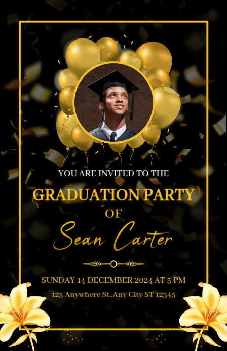 Black Maximalist Golden Graduation Invitation Half Page Wide Template ...