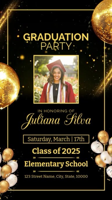 Black Maximalist Golden Graduation Party Invitation Digital Display (9: ...