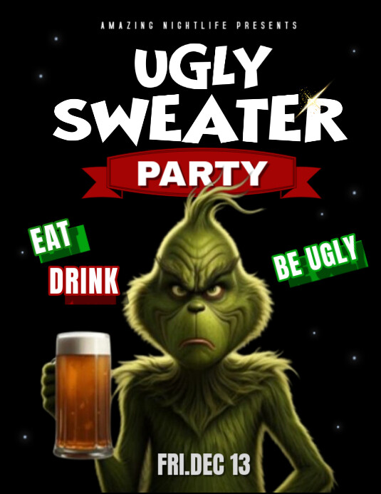 Black Maximalist Grinch Holding Beer Ugly Sweater Party Flyer (us Letter) template