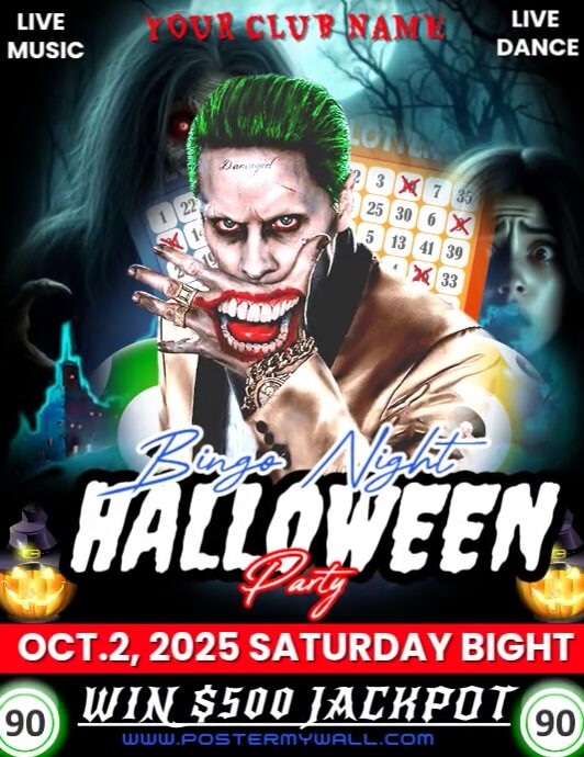 Black Maximalist Halloween Bingo Lotto And Game Night Party Flyer (us Letter) template