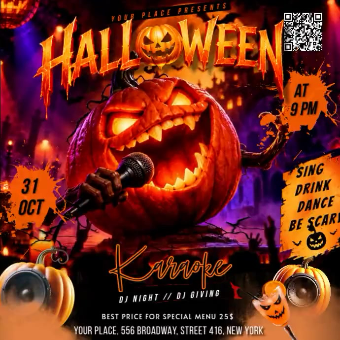 Black Maximalist Halloween Karaoke Party Square Video Template ...