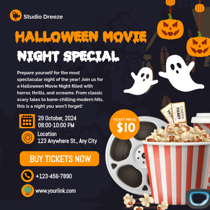 Black Maximalist Halloween Movie Night template Publicação no Instagram