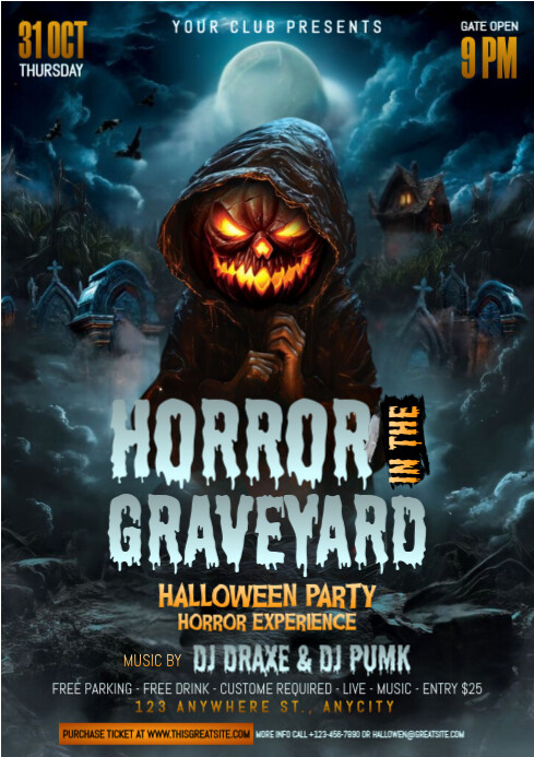 Black Maximalist Halloween Party In Graveyard A4 Template | PosterMyWall