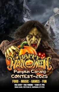 Black Maximalist Halloween Pumpkin Carving Contest Party – Food, Games & Music Half Page Wide template