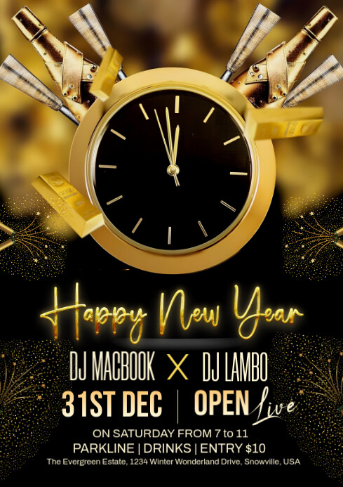 Black Maximalist Happy New Year Party A4 Template | PosterMyWall