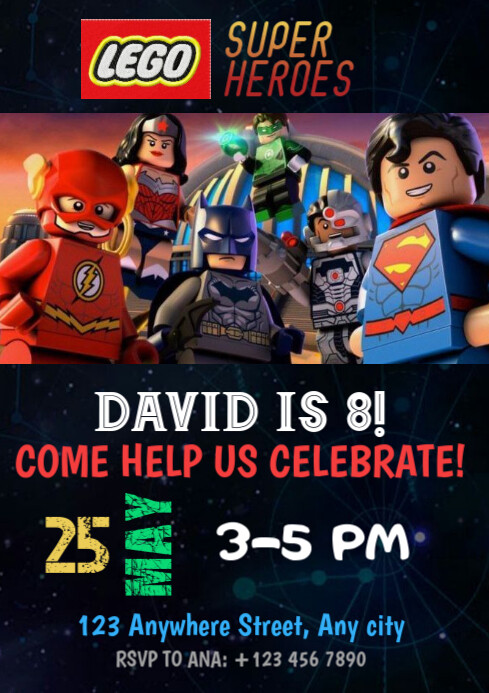 Black Maximalist Lego Superheroes Birthday Invitation Template  A2