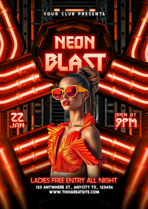 Black Maximalist Neon Blast Night Party A4 Template | PosterMyWall