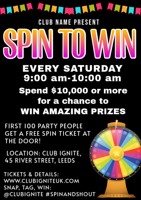 Black Maximalist Spin To Win Flyer  A4 template