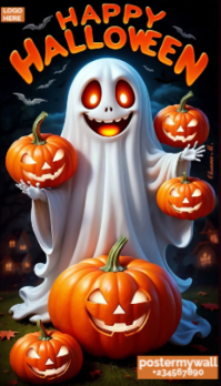 Black Maximalist Spooky Ghost & Pumpkin Party – Happy Halloween Poster Business Card template