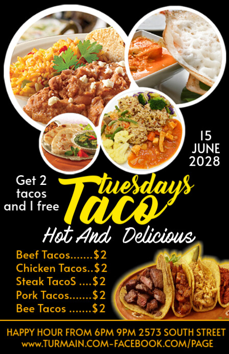 bLACK Maximalist  Street Tacos - Steak Taco - Mexican Food  Tabloid Tablóide template