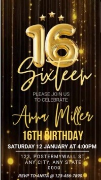 Black Sweet 16 Birthday Invitation Affichage numérique Template