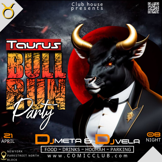 Black Maximalist Taurus Bull Run Party Instagram Post template