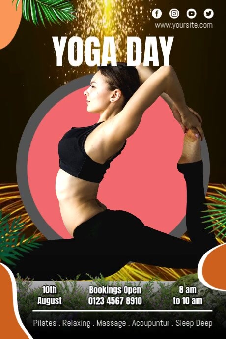 Black Maximalist Yoga Day Event Poster – Flexibility, Healing & Wellness Retreat Poster Plakkaat template