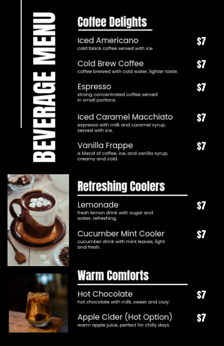 Black Minimalist Beverage Menu List Template (Half Page Wide)