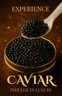 Black Minimalist Luxury Food Ad Featuring Premium Caviar In Rich Lighting And Elegant Presentation. Tablóide template