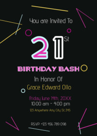 Black Modern & Minimal 21st Birthday Party Neon Invitation Flyer Template A6