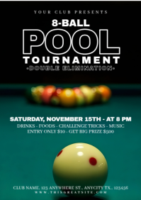 Black Modern & Minimal 8 Ball Pool Tournament A4 template