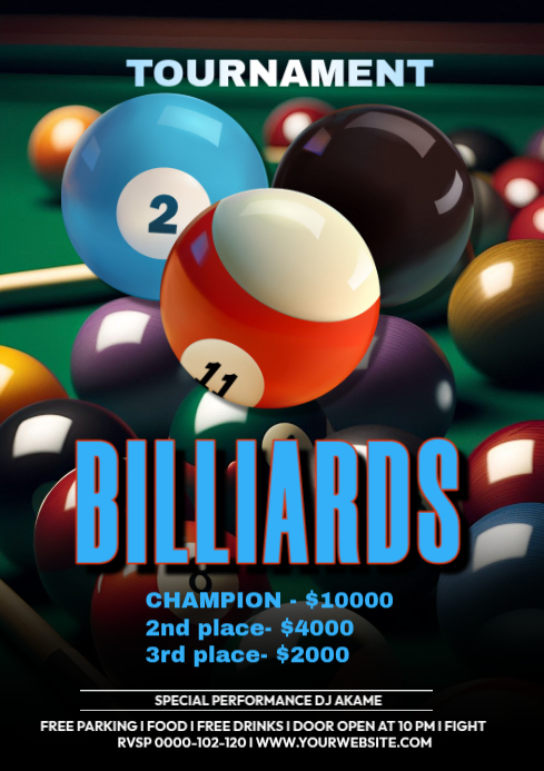 Black Modern & Minimal Billiards Tournament A4 Template | PosterMyWall