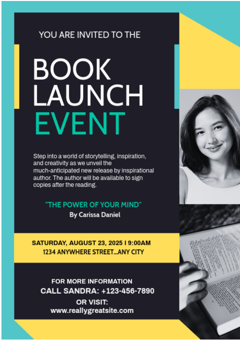 Black Modern & Minimal Book Launch Event Template - Bold Teal & Yellow Design For Author Signings A4