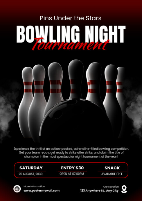 Black Modern & Minimal Bowling Night Tournament A4 template