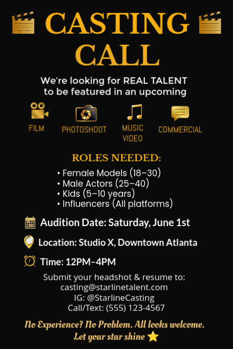 Black Modern Minimal Casting Call Poster Template Postermywall